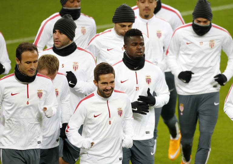 Monaco's players take part in a training session in Leverkusen, western Germany, on November 25, 2014, on the eve of their UEFA Champions League Group C match against Bayer Leverkusen