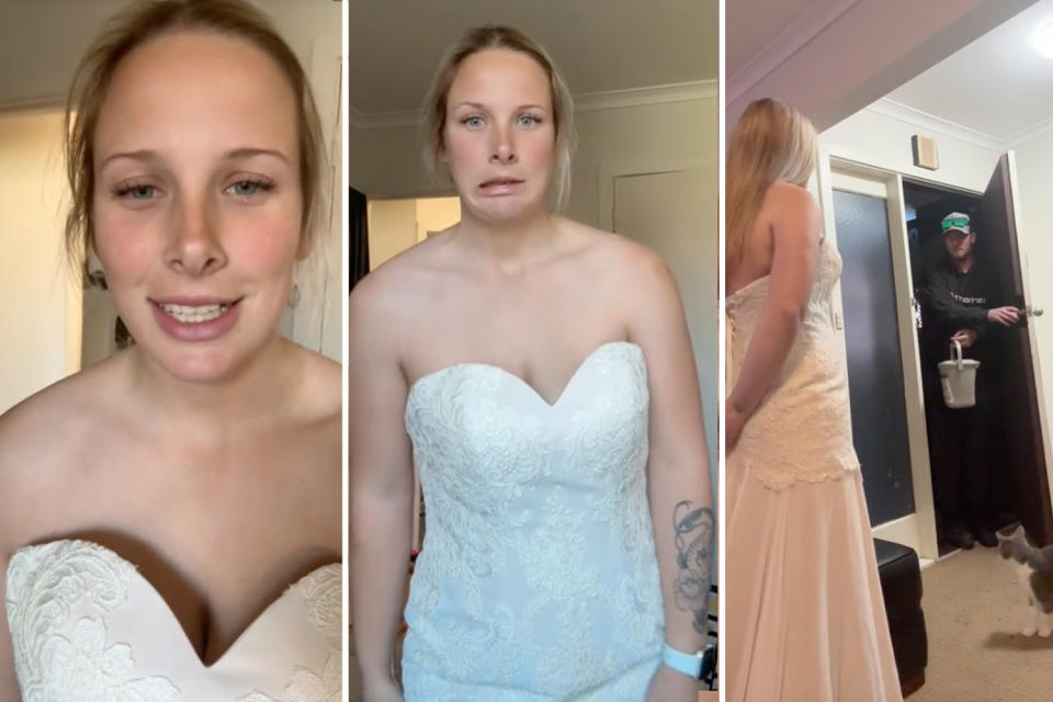 A woman puts on her wedding dress (left and center) and her partner arrives home (right).