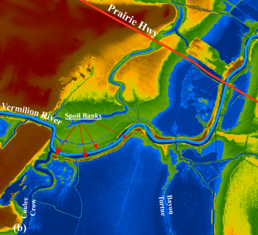 Lidar elevation imaging shows the Cypress Island spoil banks just east of the Lafayette Regional Airport that isolate the Vermilion River from the low-lying land in the Bayou Tortue Swamp before a 1,200-foot portion of the roughly 4,000-foot makeshift dirt levee was removed by Lafayette Consolidated Government in February.