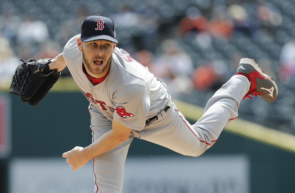 Boston Red Sox pitcher Chris Sale throws against the Detroit Tigers in the first inning of a baseball game in Detroit, Monday, April 10, 2017. (AP Photo/Paul Sancya)