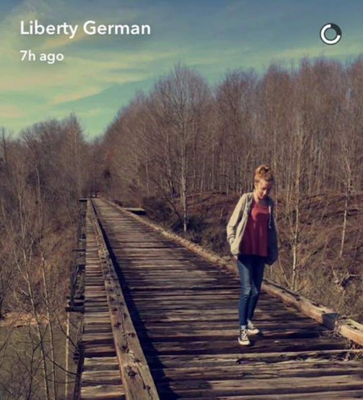 Libby German posted this picture to Snapchat as the girls walked along the trail, shortly before their deaths on 13 February 2017 (Snapchat)