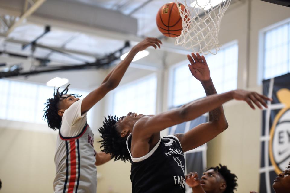 Augusta's TSF Katayvon Jefferies (4) looks to the ball during their game against the Florida Rebels on the first day of the Peach Jam at Riverview Park Activities Center in North Augusta, S.C., on Sunday, July 17, 2022. The Florida Rebels defeated The Skill Factory 72-57.