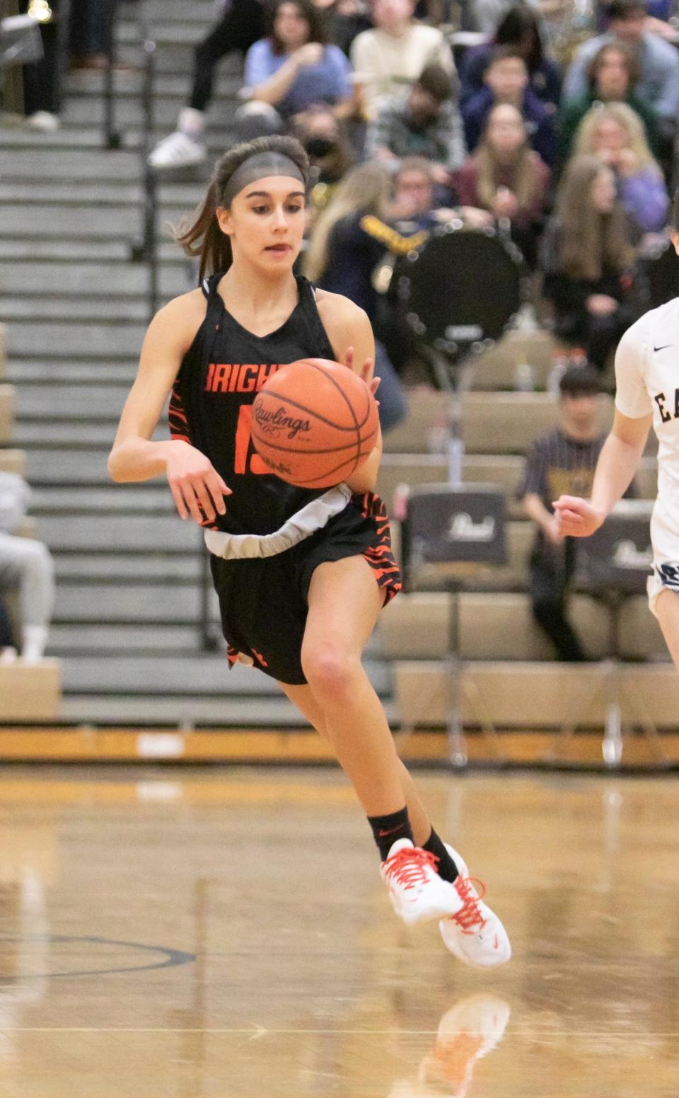 Olivia Lutz of Brighton drives down court in the game at Hartland Friday, Jan 14, 2022.