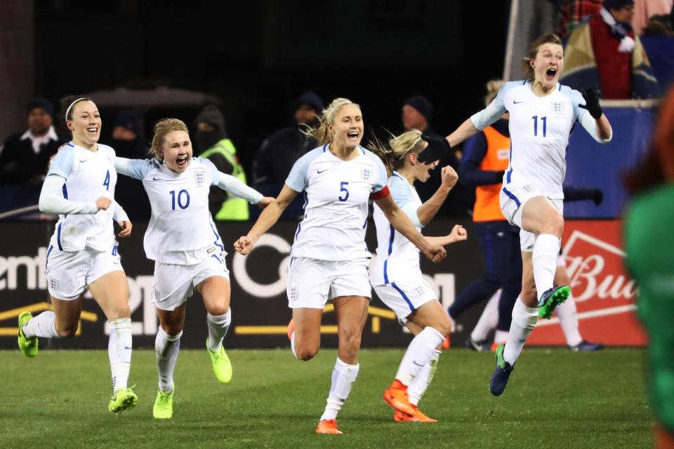 Ellen White leads the celebrations in England's recent win over the USA: AFP/Getty Images