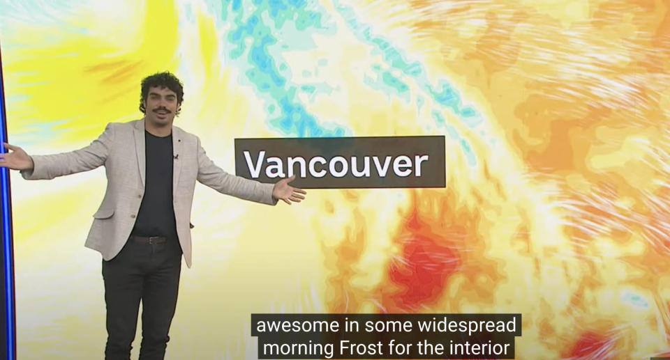 Tony Armstrong in front of a weather image for Vancouver.