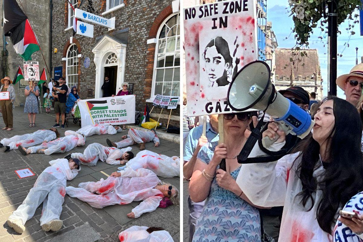 Campaigners taking part in a die-in outside Barclays Bank in Dorchester <i>(Image: Steve Pallant, Dorset PSC)</i>