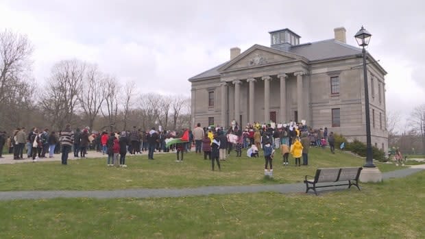 About 200 people attended a pro-Palestinian rally outside the Colonial Building in St. John's on Sunday.