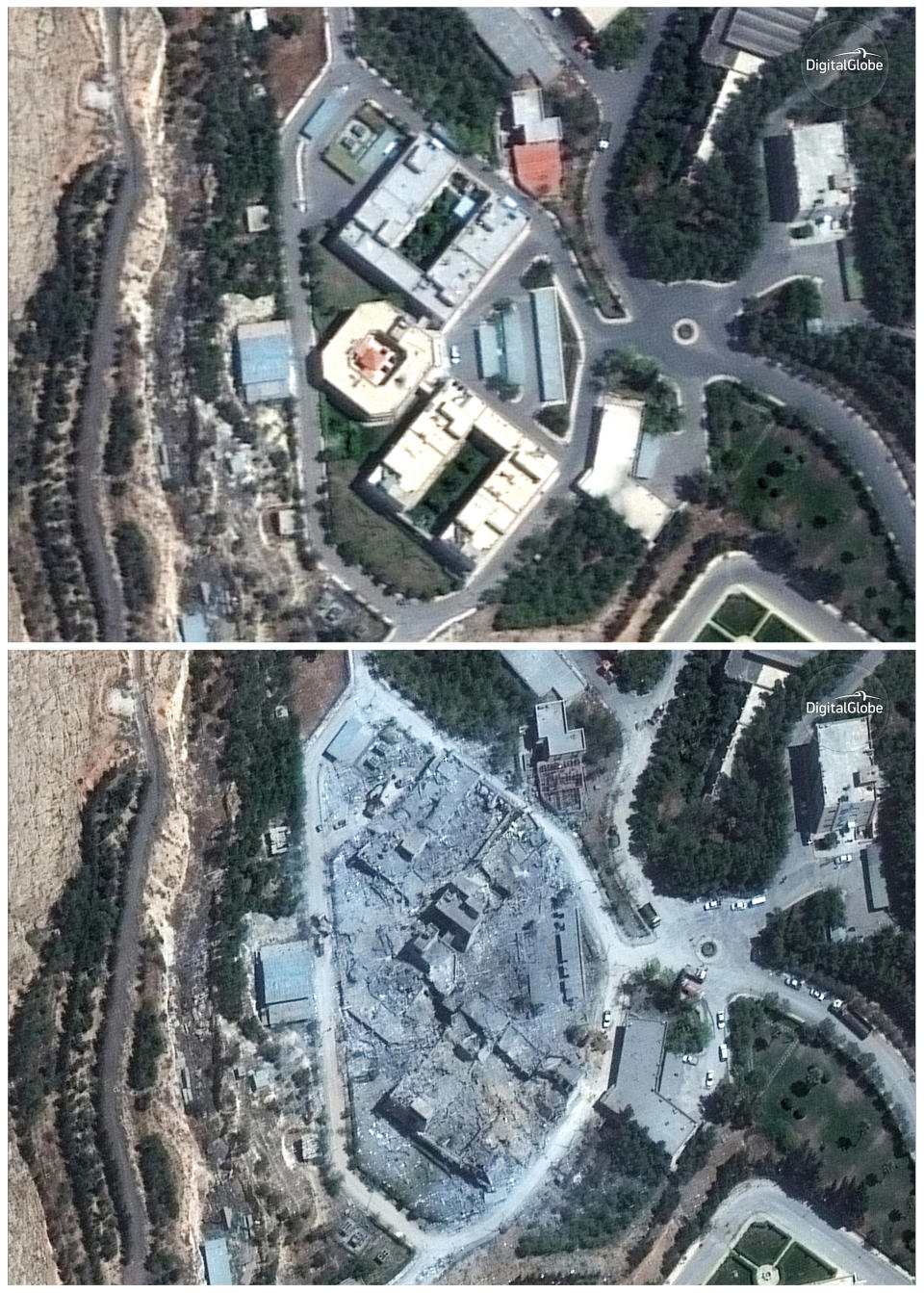 <em>The Barzah Research and Development Centre in Syria on Friday (top) and on Sunday (bottom) following a missile attack (AP)</em>