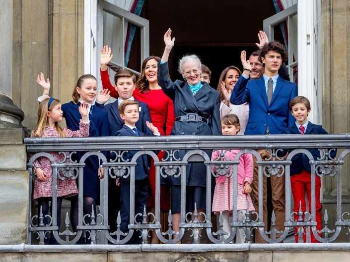 Queen Margrethe of Denmark, Crown Princess Mary of Denmark, Prince Christian of Denmark, Princess Isabella of Denmark, Prince Vincent of Denmark, Princess Josephine, Prince Joachim of Denmark, Princess Marie of Denmark, Prince Nikolai of Denmark, Prince Felix of Denmark, Prince Henrik of Denmark, and Princess Athena of Denmark in 2018.