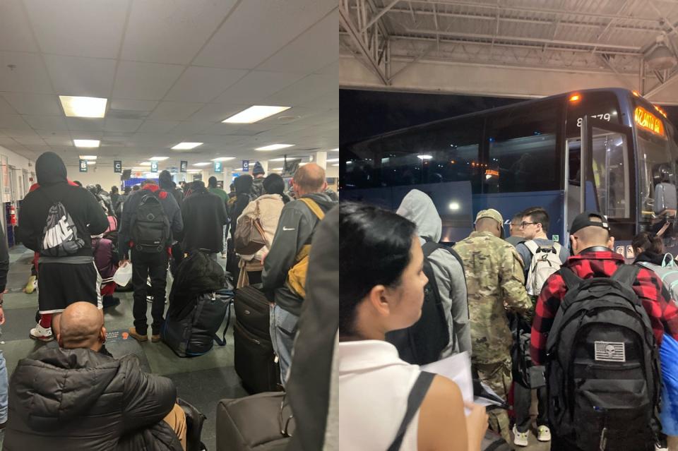 Collage of line in Atlanta and line into bus in Orlando