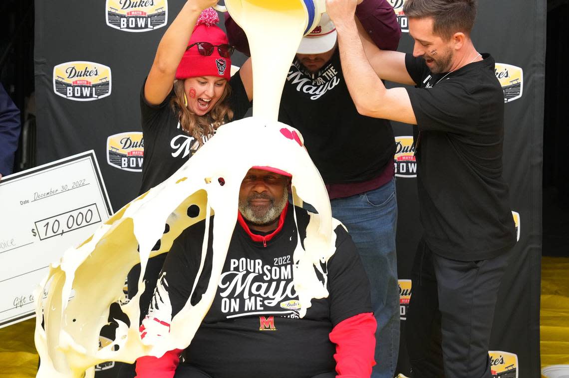 The last two seasons the winning coach in the Duke’s Mayo Bowl has been doused in mayonnaise to raise money for the charity of his choice. Last season, Maryland coach Mike Locksley was the recipient of the mayo bath.