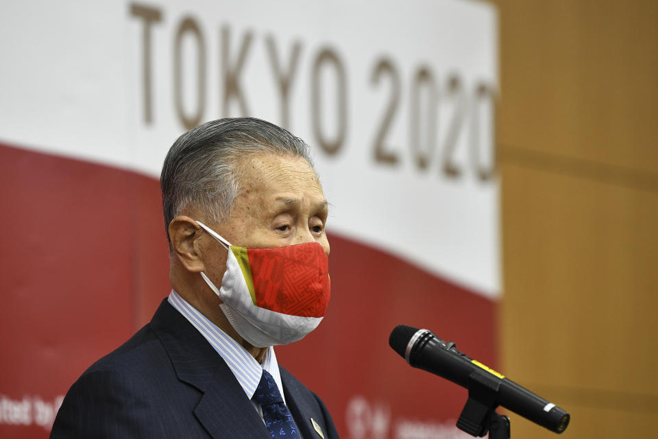 Tokyo 2020 President Yoshiro Mori delivers a speech after an opening plenary session of the three-party meeting on Tokyo 2020 Games additional costs due to the impact of the COVID-19 pandemic in Tokyo, Friday, Dec 4, 2020. (Kazuhiro Nogi/Pool Photo via AP)