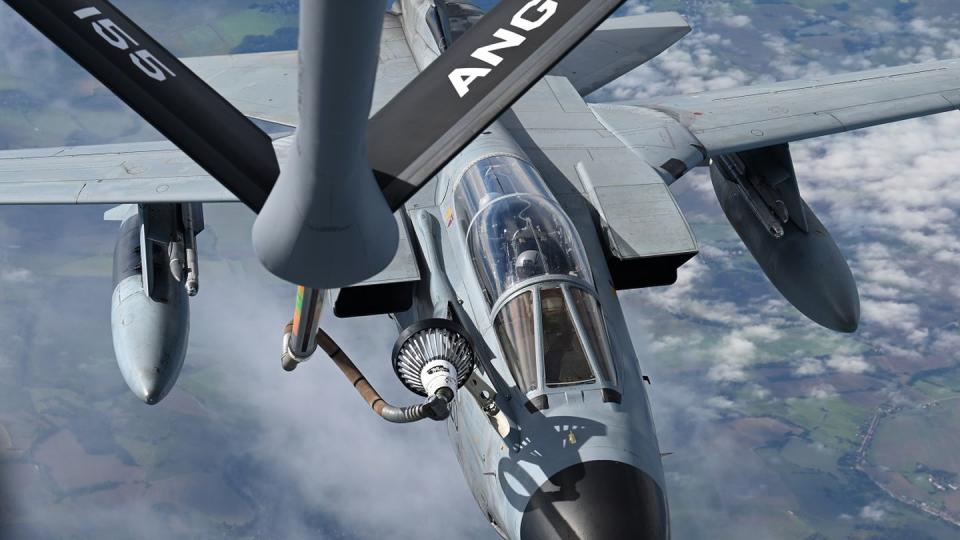 A KC-135R Stratotanker from the 155th Air Refueling Wing, Nebraska National Guard, refuels a German Tornado Sept. 9, 2022, during Ample Strike. The exercise involved forces from the U.S., Czech Republic, Germany and other allies. (Master Sgt. R. Denise Mommens/Air National Guard)