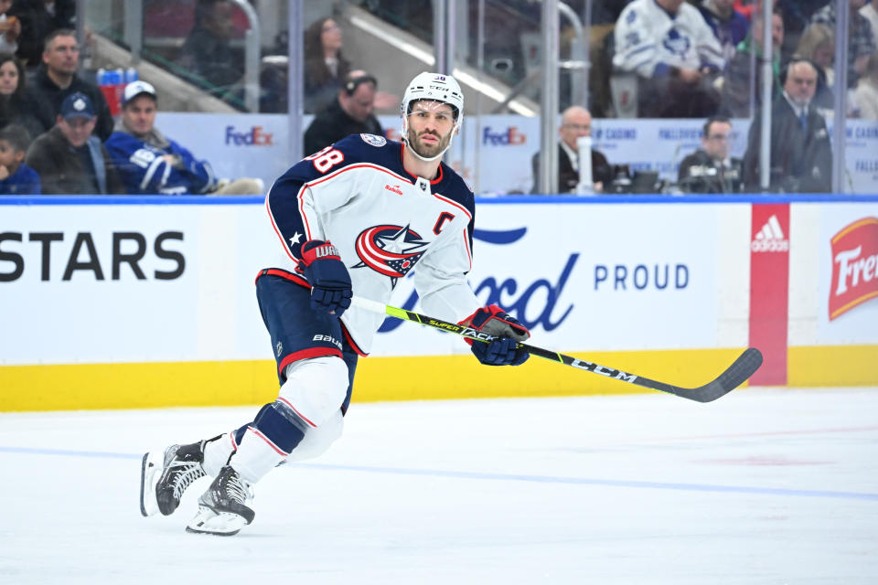 Columbus Blue Jackets center Boone Jenner (38) tracks the play in the first period during the NHL regular season game between the Columbus Blue Jackets and the Toronto Maple Leafs