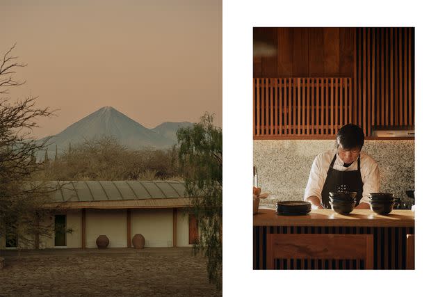 <p>Nick Ballón</p> From left: The Licancabur Volcano looms over Explora's Atacama Lodge, near San Pedro de Atacama, Chile; a chef prepares breakfast in Chituca Mountain Lodge's open kitchen.