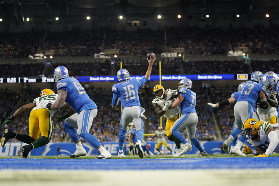 Detroit Lions quarterback Jared Goff (16) throws during the second half of an NFL football game against the Green Bay Packers, Sunday, Nov. 6, 2022, in Detroit. (AP Photo/Paul Sancya)