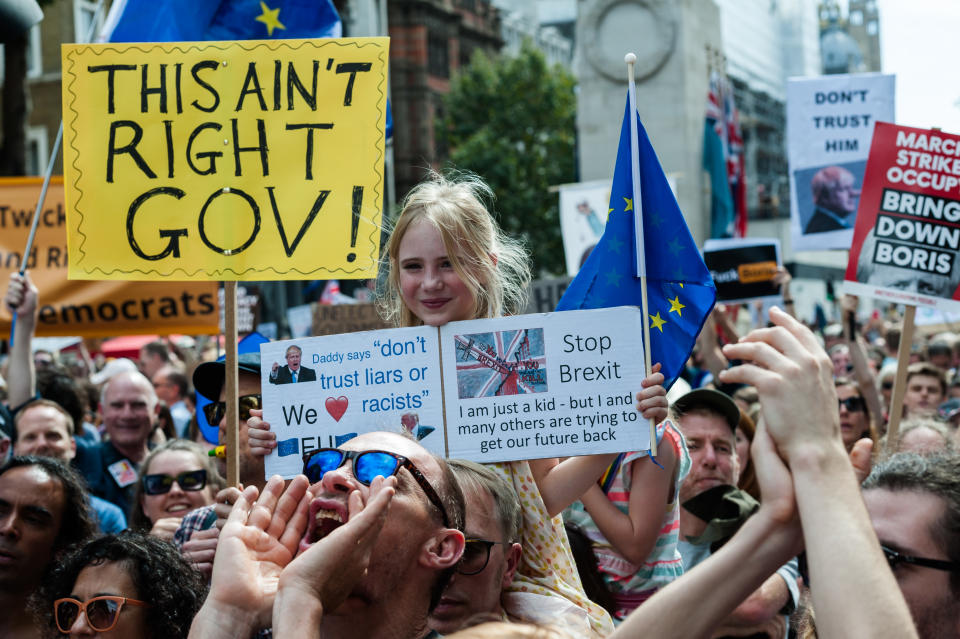Thousands of demonstrators gather outside Downing Street on 31 August, 2019 in London, England to take part in Stop the Coup protests against the prorogation of the UK Parliament. Hundreds of thousands of people across major cities in the UK are expected to join protests against Boris Johnson's plans to suspend parliament for five weeks ahead of a Queens Speech on 14 October, which has limited the time available for MPs to legislate against a no-deal Brexit with the UK is set to leave the EU on the 31 October. (Photo by WIktor Szymanowicz/NurPhoto via Getty Images)