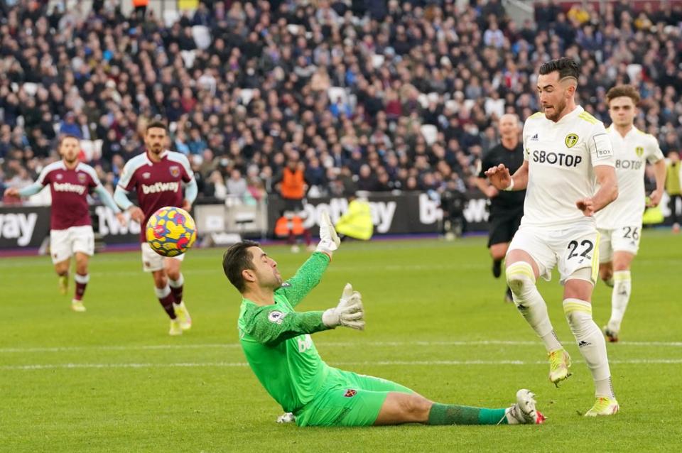 Jack Harrison (right) claims his first career hat-trick with his third goal in Leeds’ 3-2 win at West Ham (Jonathan Brady/PA) (PA Wire)