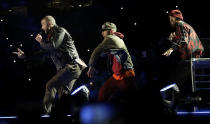 <p>Justin Timberlake, left, performs during halftime of the NFL Super Bowl 52 football game between the Philadelphia Eagles and the New England Patriots Sunday, Feb. 4, 2018, in Minneapolis. (AP Photo/Matt Slocum) </p>
