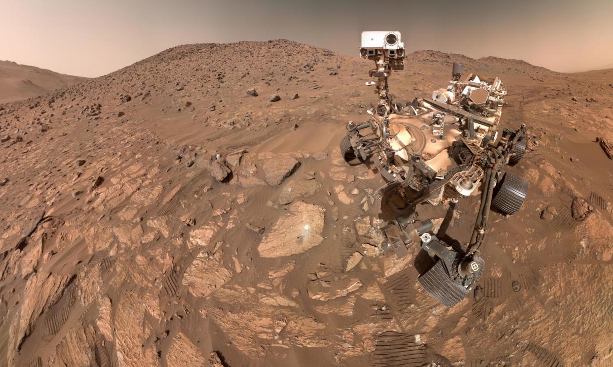 <span>Nasa’s Perseverance rover took photos on 23 July of a rock nicknamed Cheyava Falls, seen to the left of the rover near the centre of the image.</span><span>Photograph: NASA/JPL-Caltech/MSSS</span>