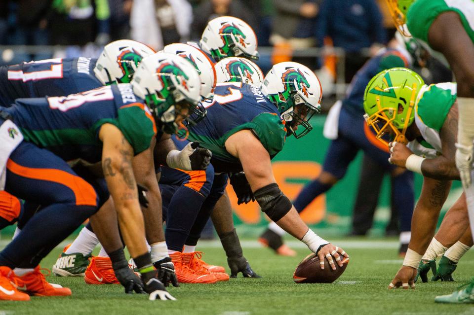 Feb 15, 2020; Seattle, Washington, USA; Seattle Dragons center Kirk Barron (73) prepares to snap the ball against the Tampa Bay Vipers during the second half at CenturyLink Field. Seattle won 17-9. Mandatory Credit: Troy Wayrynen-USA TODAY Sports