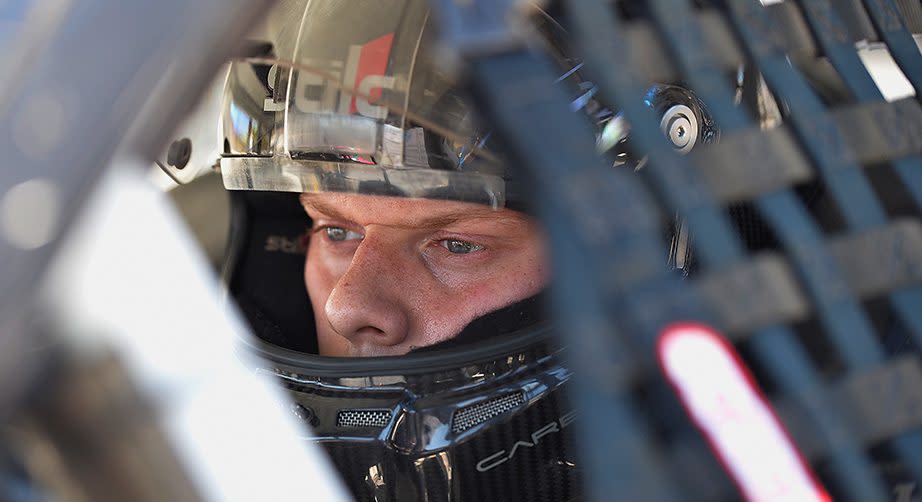 GREENVILLE, SC - APRIL 08: John Holleman IV, driver of the #49 Midway Mobile Storage Ford, waits for the start of a practice session during the NASCAR K&N Pro Series East Kevin Whitaker Chevrolet 150 at Greenville Pickens Speedway on April 8, 2017 in Greenville, South Carolina. (Photo by Grant Halverson/Getty Images) *** Local Caption *** John Holleman IV | Getty Images