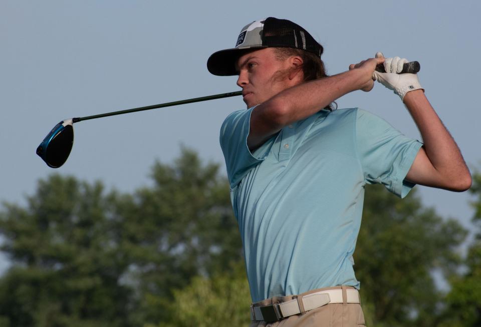 Logan Vernon tees off at the second tee in the Bloomington City Golf Tournament at Cascades Golf Course on July 9, 2023.