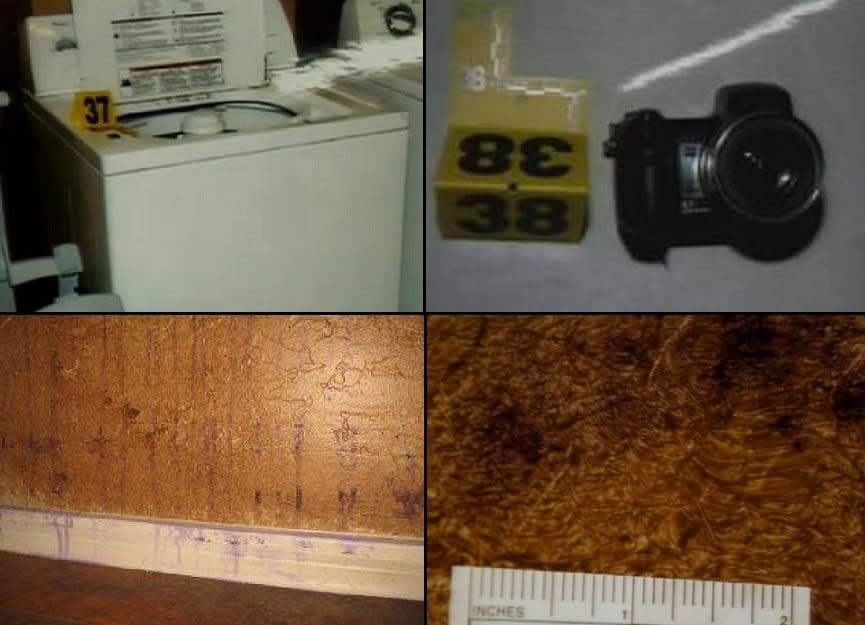 Investigators found several vital clues inside Alexander's bedroom and bathroom. A spent .25-caliber shell casing was located on the floor near the sink, and a hair and a small latent print in blood were found near the entrance to the bathroom hall. Also, a digital camera was found in the washing machine in the downstairs laundry room. The camera appeared to have been run through the wash cycle.