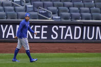 Toronto Blue Jays center fielder George Springer (4) walks on the field during a team workout, Wednesday, March 31, 2021, at Yankee Stadium in New York. The Blue Jays face the New York Yankees on opening day Thursday in New York. (AP Photo/Kathy Willens)