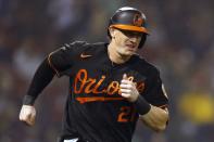 Baltimore Orioles' Austin Hays runs the bases on a solo home run during the second inning of the team's baseball game against the Boston Red Sox, Friday, Sept. 17, 2021, in Boston. (AP Photo/Michael Dwyer)