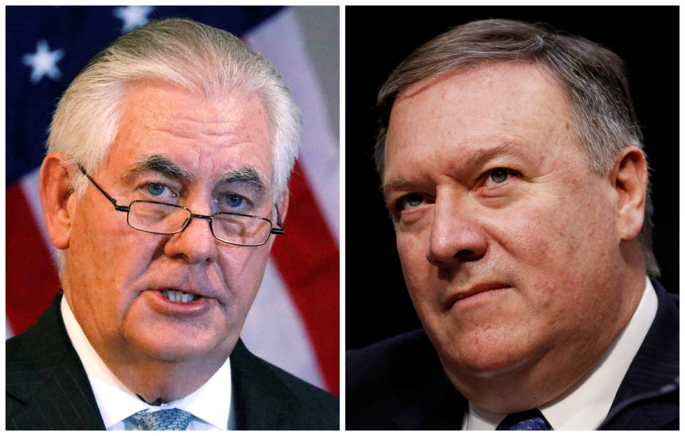 A combination photo shows U.S. Secretary of State Rex Tillerson (L) in Addis Ababa, Ethiopia, March 8, 2018, and CIA Director Mike Pompeo on Capitol Hill in Washington, DC, Feb. 13, 2018 respectively.