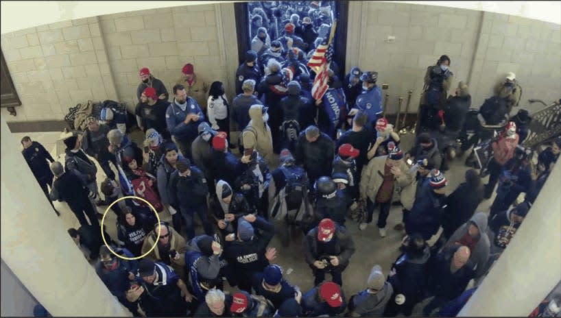 A crowd in the Rotunda of the Capitol building.