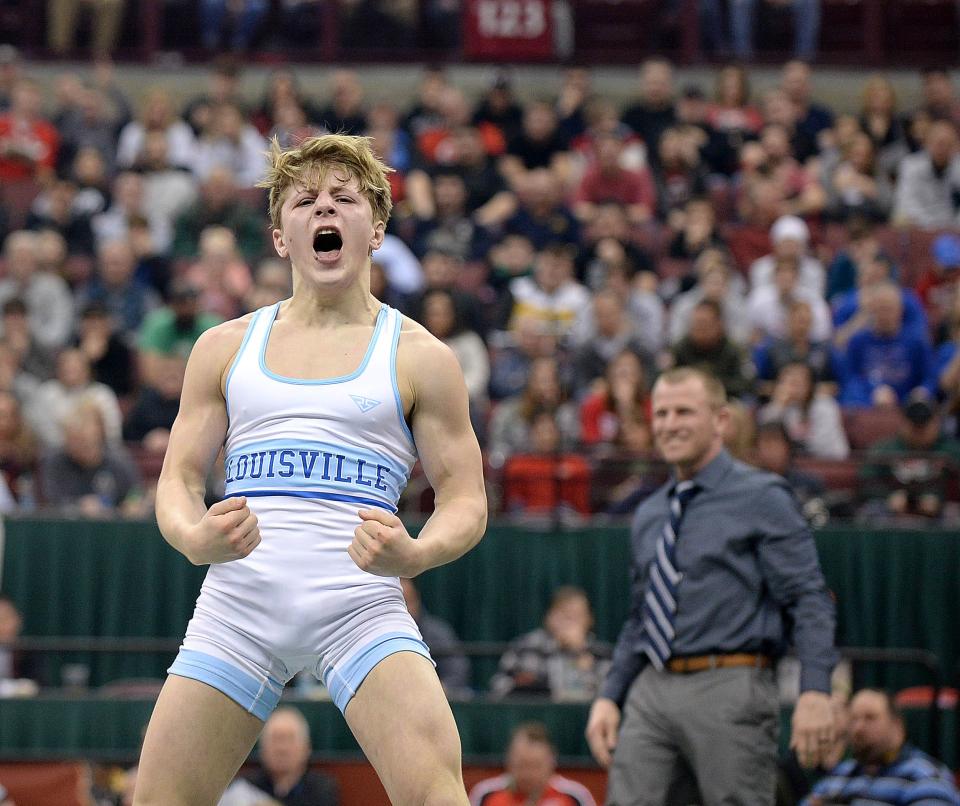 Louisville sophomore Garett Lautzenheiser defeats Wauseon's Gavin Ritter to win the 120-pound state title in the OHSAA Division II State Wrestling Tournament, March 9, 2019. (CantonRep.com file photo)