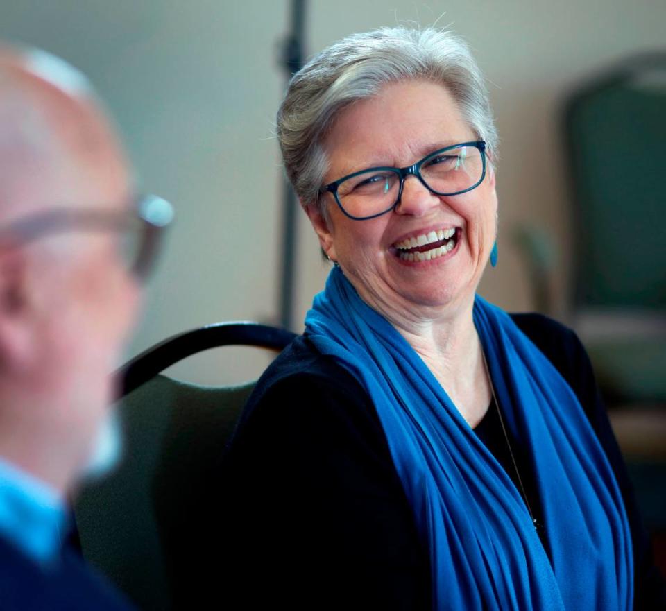 Debbie Anderson, who is retiring as the music director at the Springer Opera House in Columbus, Georgia, shares a laugh with Paul Pierce, the Springer’s recently retired producing artistic director. 04/29/2024 Mike Haskey/mhaskey@ledger-enquirer.com