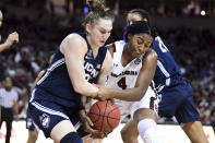 South Carolina forward Aliyah Boston (4) battles for a rebound against Connecticut guard Anna Makurat, left, during the first half of an NCAA college basketball game Monday, Feb. 10, 2020, in Columbia, S.C. (AP Photo/Sean Rayford)
