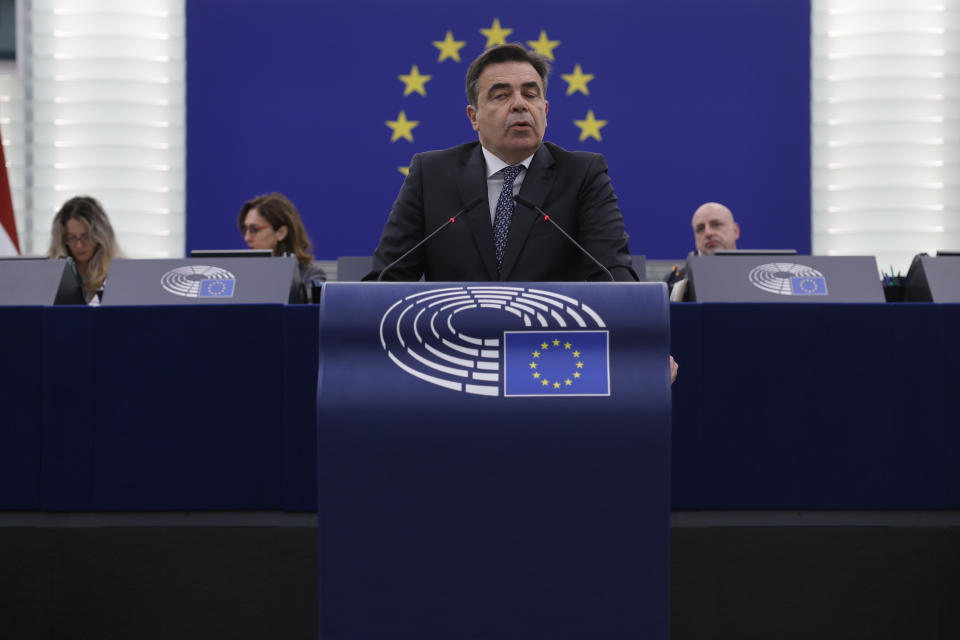 European Commission vice-president Margaritis Schinas delivers his speech during a debate on asylum and migration including search and rescue Wednesday, Nov. 23, 2022 in Strasbourg. (AP Photo/Jean-Francois Badias)