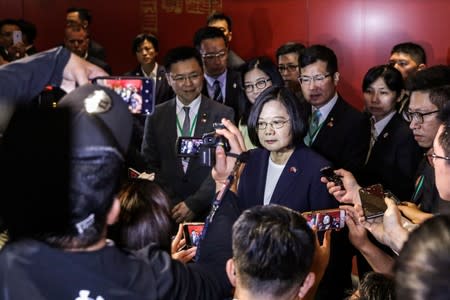 Taiwan President Tsai Ing-wen speaks to media at the Taipei Economic and Cultural Office in New York during her visit to the U.S