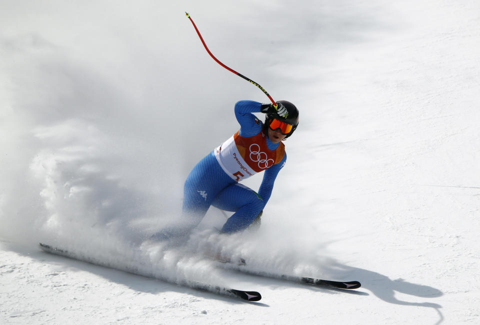 <p>Italy’s Sofia Goggia comes to a stop after competing in the women’s downhill at the 2018 Winter Olympics in Jeongseon, South Korea, Wednesday, Feb. 21, 2018. (AP Photo/Charlie Riedel) </p>