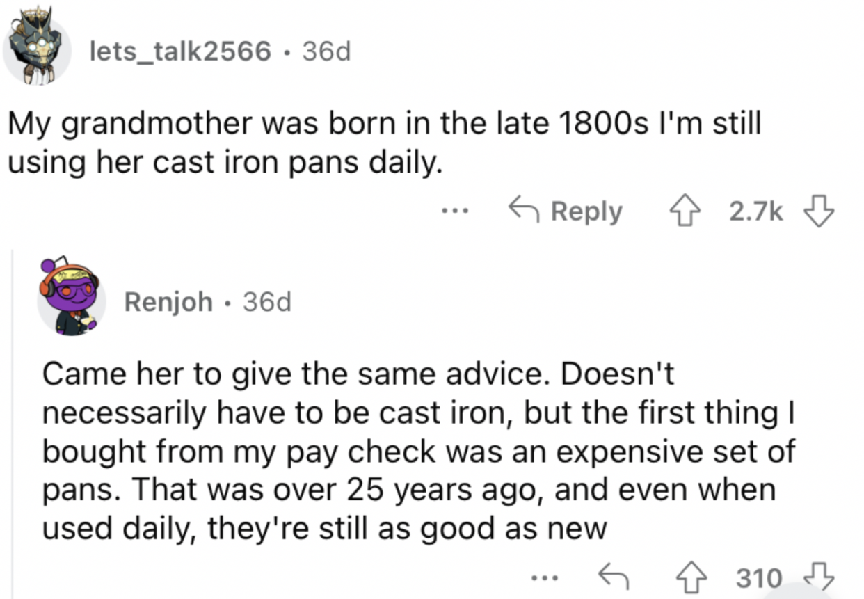 Reddit screenshot about someone who is using their grandma's cast iron pans daily.