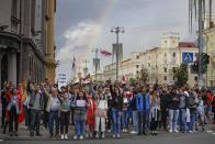 Protesters shout as they walk toward Independence Square in Minsk, Belarus, Thursday, Aug. 27, 2020. Police in Belarus have dispersed protesters who gathered on the capital's central square, detaining dozens. (AP Photo/Sergei Grits)