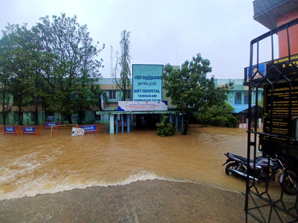 The Tambaram Government Hospital is flooded following heavy rains along the Bay of Bengal coast in Chennai, India, Monday, Dec.4, 2023. Authorities issued warnings for tropical storm Michuang, which is likely to hit the southern coast on Tuesday with maximum sustained winds of 90-100 kilometers (56-62 miles) per hour with gusts up to 110 kph (68 mph), the Indian Meteorological Department said. (AP Photo)