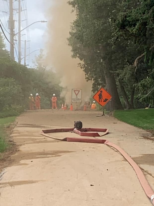 Emergency crews were called to a natural gas leak on Blythe Road in Mississauga on Monday. (Mississauga Fire/Twitter - image credit)