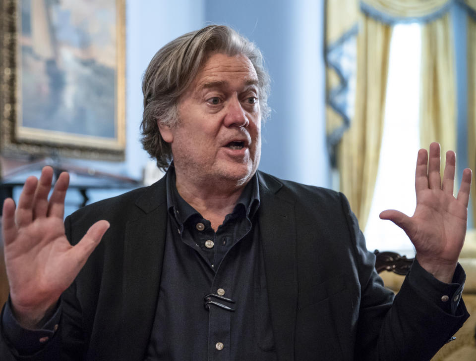 In this file photo from Sunday, Aug. 19, 2018, Steve Bannon, President Donald Trump's former chief strategist, talks about the approaching midterm election during an interview with The Associated Press, in Washington. The special congressional committee investigating the Jan. 6 insurrection has set a vote for Tuesday to recommend criminal contempt charges against Bannon after he defied the panel's subpoena. (AP Photo/J. Scott Applewhite, file)