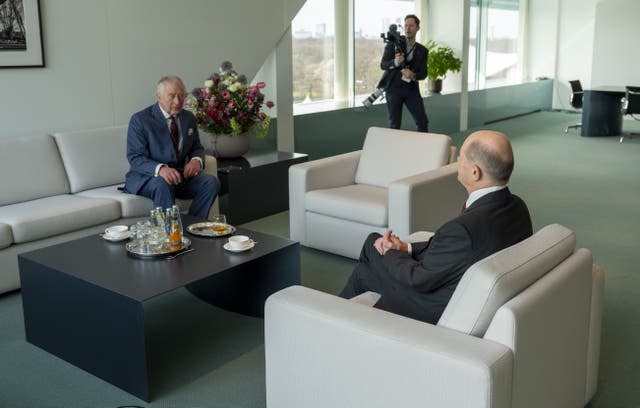 The King with German Chancellor Olaf Scholz (Arthur Edwards/The Sun/PA)