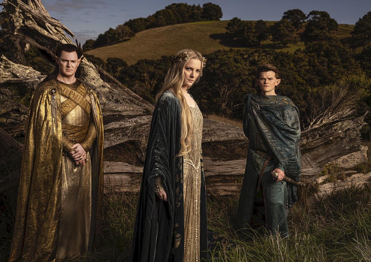 The Lord of the Rings: The Rings of Power L-R: King Gil-Galad (Benjamin Walker), Galadriel (Morfydd Clark) and Elrond (Robert Aramayo).