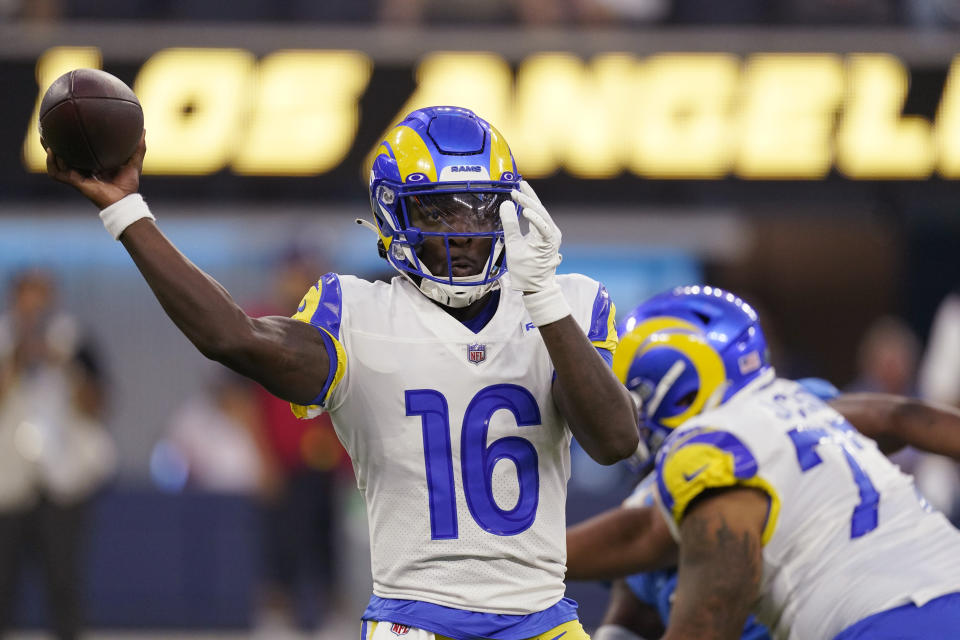 Los Angeles Rams quarterback Bryce Perkins throws during the first half of the team's preseason NFL football game against the Los Angeles Chargers on Saturday, Aug. 13, 2022, in Inglewood, Calif. (AP Photo/Mark J. Terrill)