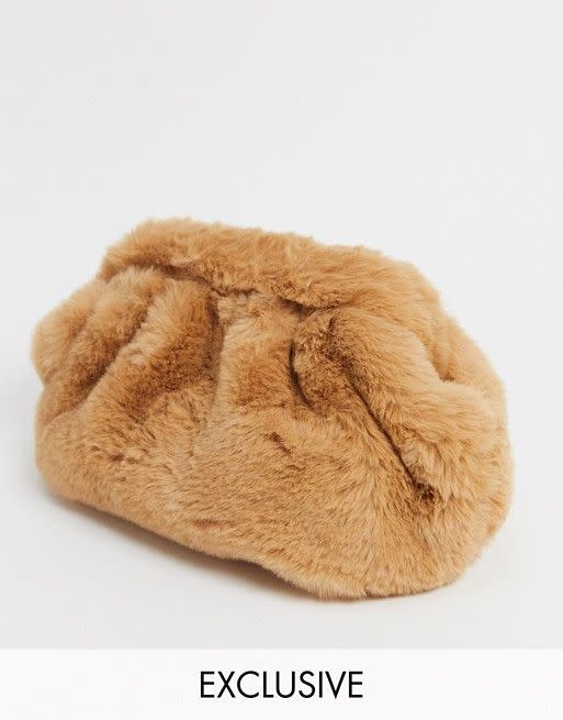 18) Slouchy Pillow Clutch Bag in Taupe Faux Fur