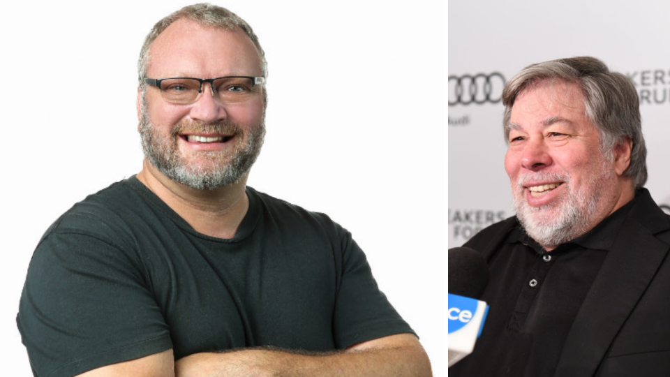 Neal Cross pictured on the left in a black t-shirt. His arms are crossed, he is smiling and he is wearing glasses. On the right, Steve Wozniak is pictured at an event. There is a microphone held to his face by someone else. He is wearing a black shirt and a black jacket, and he is smiling.