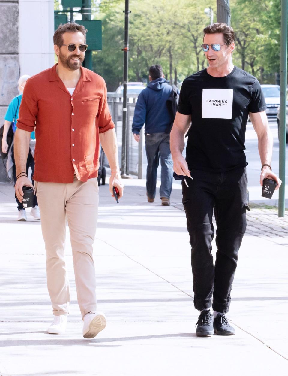 <p>Ryan Reynolds and Hugh Jackman grab lunch on Tuesday together in N.Y.C. </p>