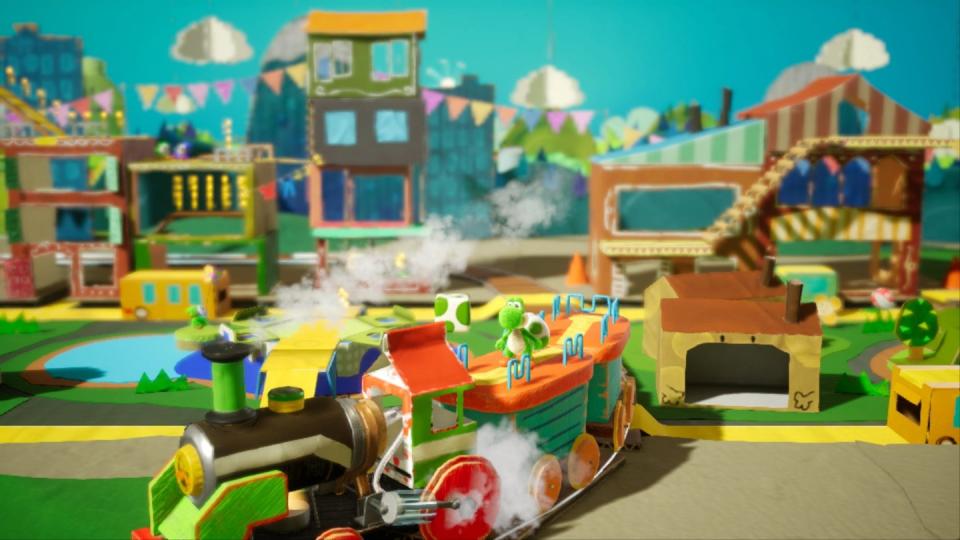 Chooo chooo! Hier hüpft Yoshi über eine Dampflock. Grafisch ist «Yoshi's Crafted World» ein liebevoll gestaltetes Stück Kunst. Screenshot: Nintendo/dpa-tmn